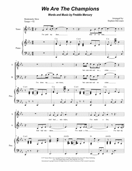 Free Sheet Music We Are The Champions For Satb