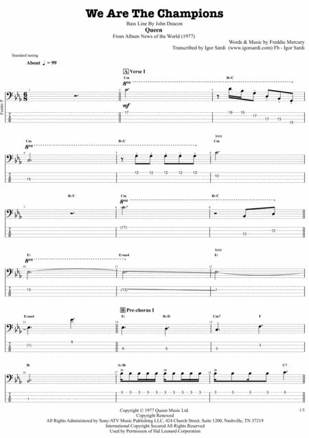 Free Sheet Music We Are The Champions Queen John Deacon Complete And Accurate Bass Transcription Whit Tab