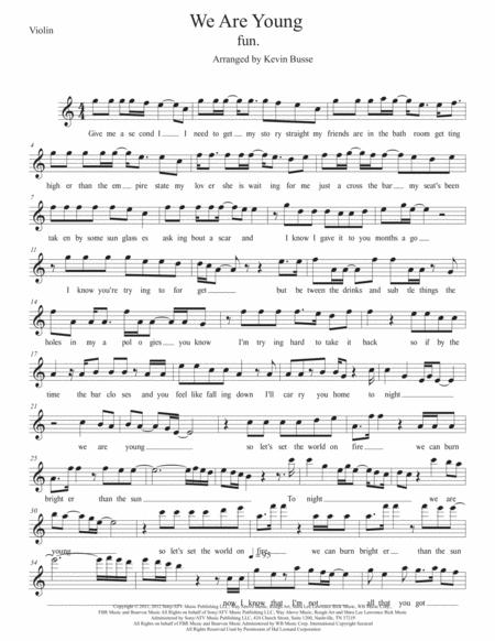 We Are Young Easy Key Of C Violin Sheet Music