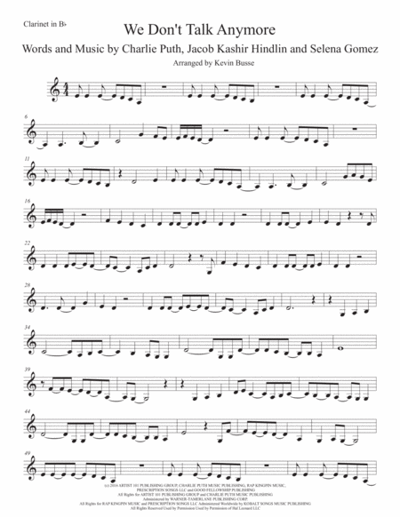 Free Sheet Music We Dont Talk Anymore Easy Key Of C Clarinet