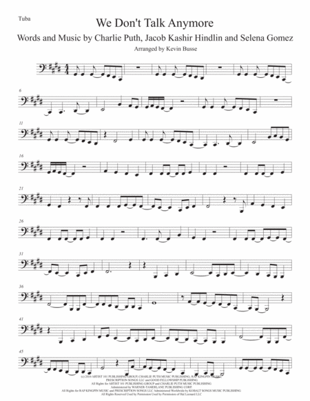 Free Sheet Music We Dont Talk Anymore Original Key Tuba