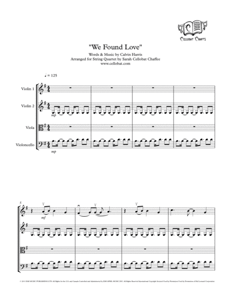 Free Sheet Music We Found Love String Quartet Calvin Harris Rihanna Arr Cellobat