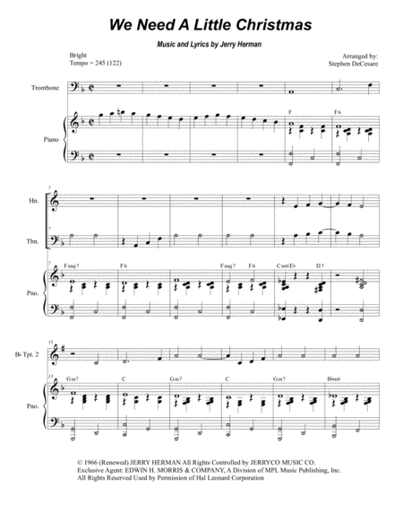 Free Sheet Music We Need A Little Christmas For Brass Quartet