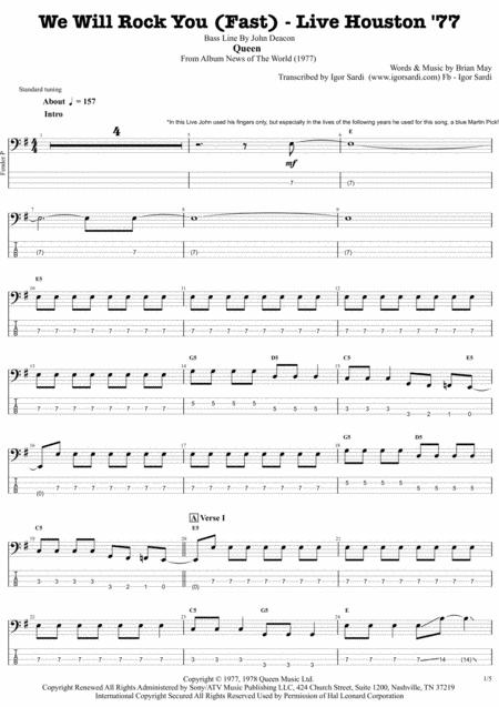 We Will Rock You Fast Live Houston 77 Queen John Deacon Complete And Accurate Bass Transcription Whit Tab Sheet Music