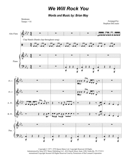 We Will Rock You For Flute Choir And Piano Sheet Music