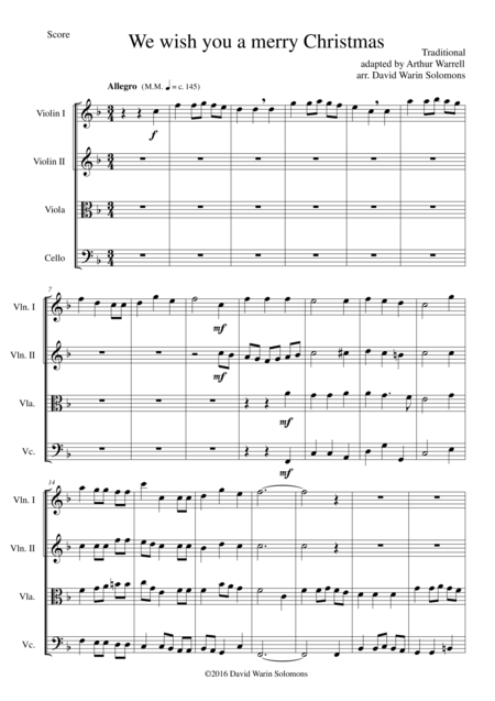 We Wish You A Merry Christmas After The Arthur Warrell Adaptation For String Quartet Sheet Music