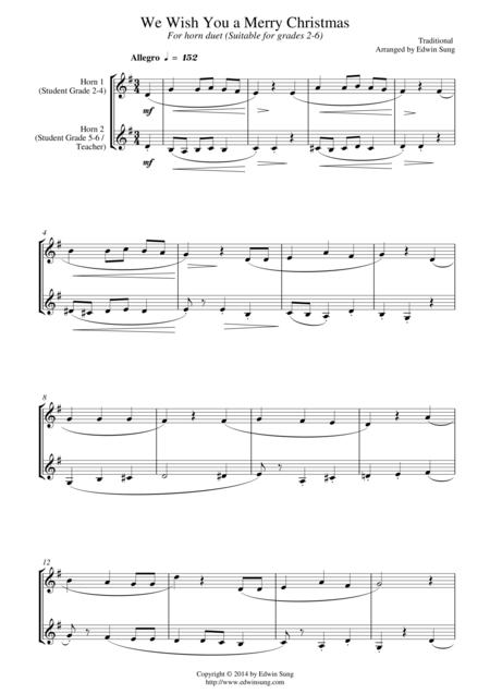 We Wish You A Merry Christmas For Horn Duet Suitable For Grades 2 6 Sheet Music