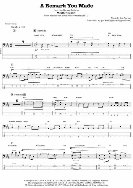 Weather Report Jaco Pastorius A Remark You Made Complete And Accurate Bass Transcription Whit Tab Sheet Music