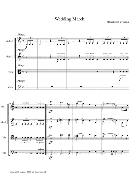 Wedding March By Mendelssohn Arranged For String Quartet Sheet Music