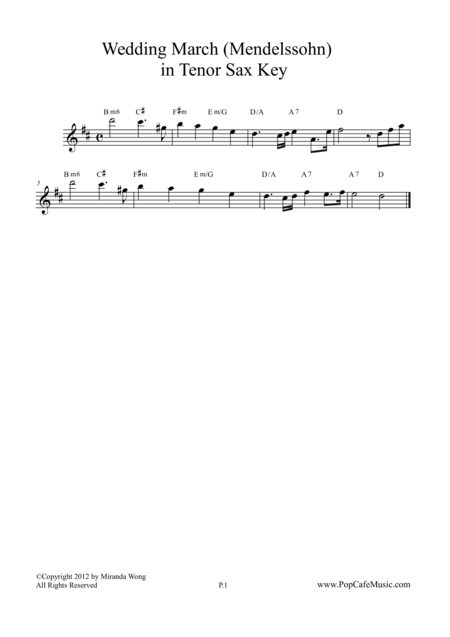 Wedding March Mendelssohn For Tenor Soprano Sax Sheet Music