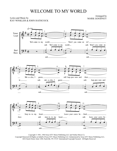 Free Sheet Music Welcome To My World Barbershop Men Ttbb Chorus Quartet