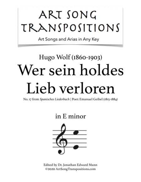 Wer Sein Holdes Lieb Verloren Transposed To E Minor Sheet Music