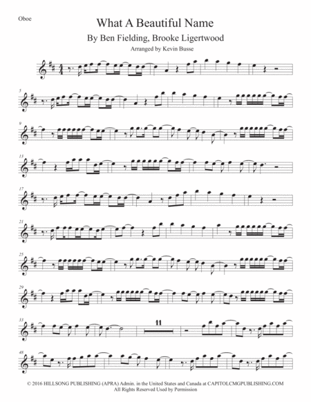 Free Sheet Music What A Beautiful Name Oboe Original Key