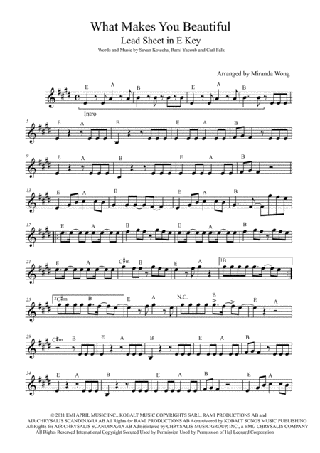 What Makes You Beautiful Lead Sheet In Published E Key With Chords Sheet Music