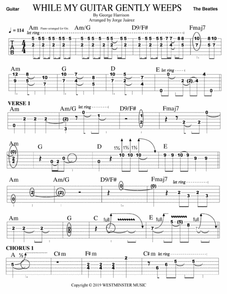 Free Sheet Music While My Guitar Gently Weeps Guitar Tab