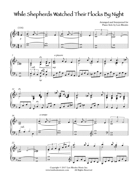 While Shepherds Watched Their Flocks By Night A Contemporary Piano Solo Sheet Music