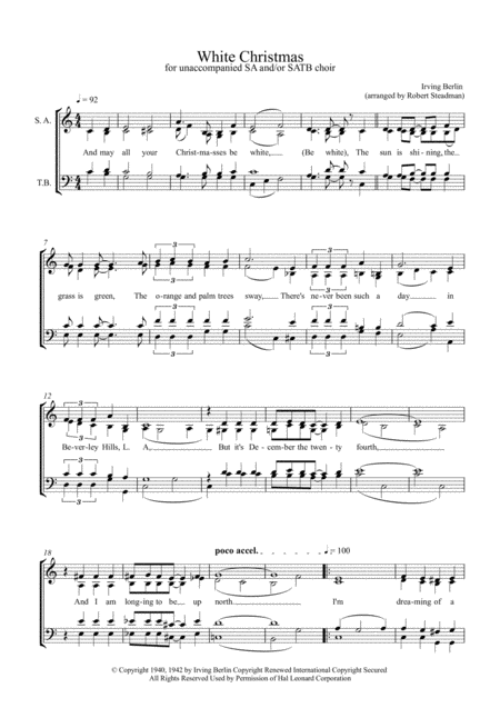 Free Sheet Music White Christmas A Capella Sa Or Satb Choir