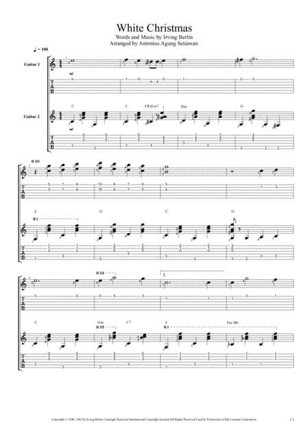 Free Sheet Music White Christmas Fingerstyle Guitar Duet