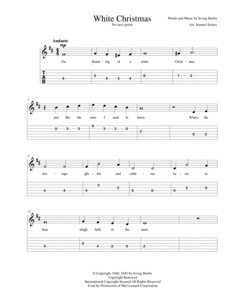 White Christmas For Easy Guitar With Tab Optional Voice Sheet Music