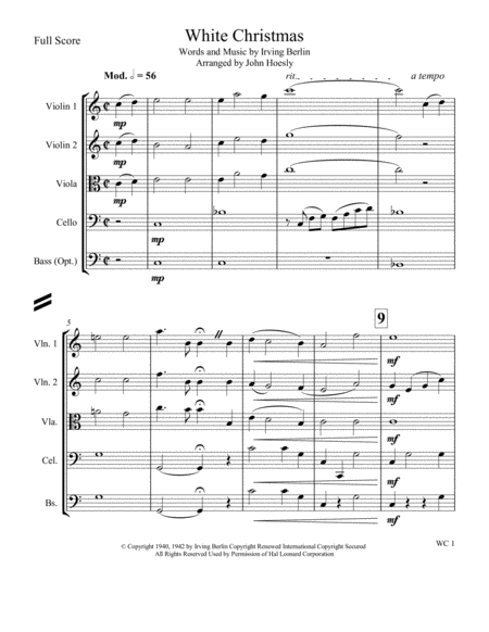 Free Sheet Music White Christmas For String Quartet With Optional Bass