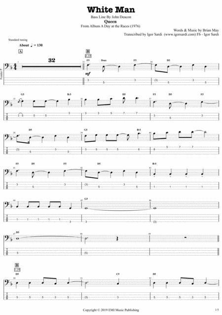 Free Sheet Music White Man Queen John Deacon Complete And Accurate Bass Transcription Whit Tab
