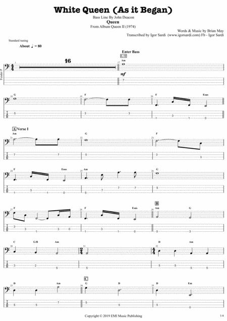 White Queen Queen John Deacon Complete And Accurate Bass Transcription Whit Tab Sheet Music