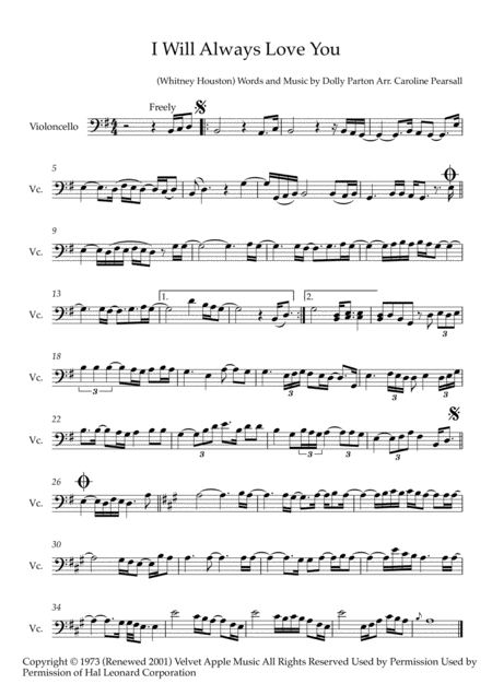 Whitney Houston I Will Always Love You Solo Cello Sheet Music