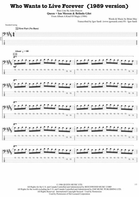 Who Wants To Live Forever 89 Version Queen John Deacon Complete And Accurate Bass Transcription Whit Tab Sheet Music