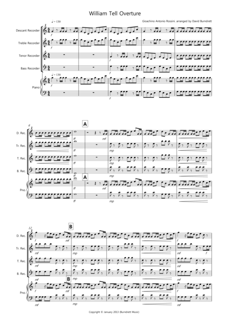 William Tell Overture For Recorder Quartet Sheet Music