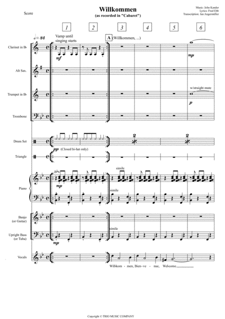 Willkommen From Cabaret Transcription Of Original Recording For Jazz Combo Score Only Sheet Music