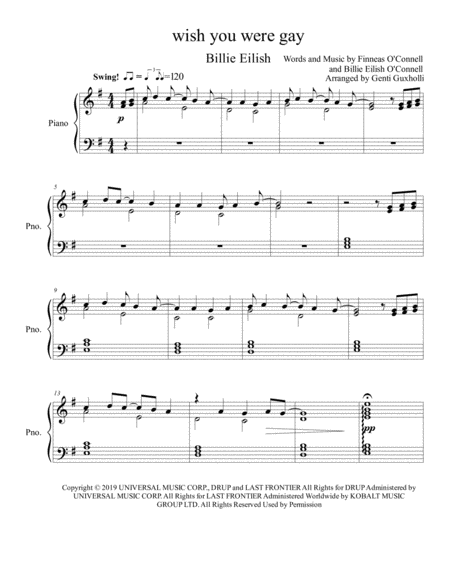 Wish You Were Gay Piano Solo Sheet Music