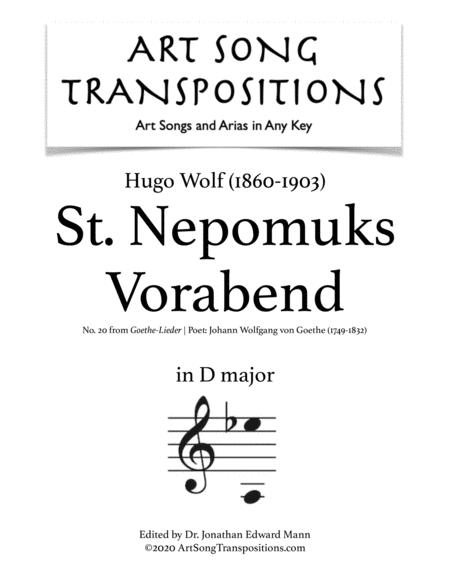 Wolf St Nepomuks Vorabend Transposed To D Major Sheet Music