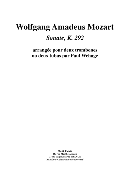 Free Sheet Music Wolfgang Amadeus Mozart Sonata In Bb K 292 For Two Trombones