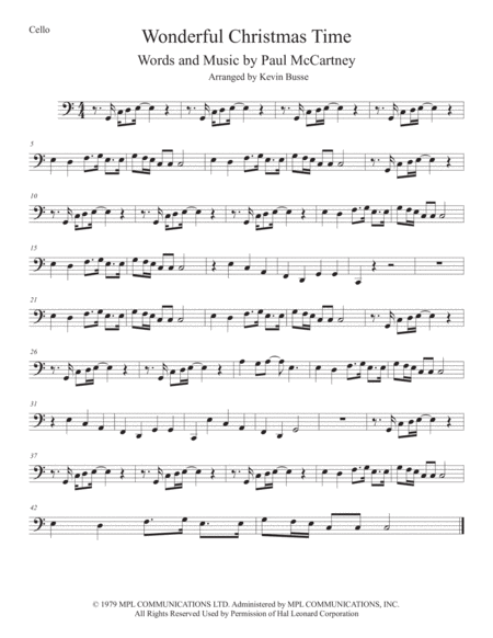 Wonderful Christmastime Easy Key Of C Cello Sheet Music