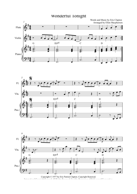 Free Sheet Music Wonderful Tonight Violin And Flute Duet