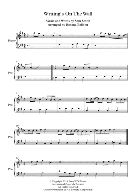 Writings On The Wall From Spectre E Minor By Sam Smith Easy Piano Sheet Music