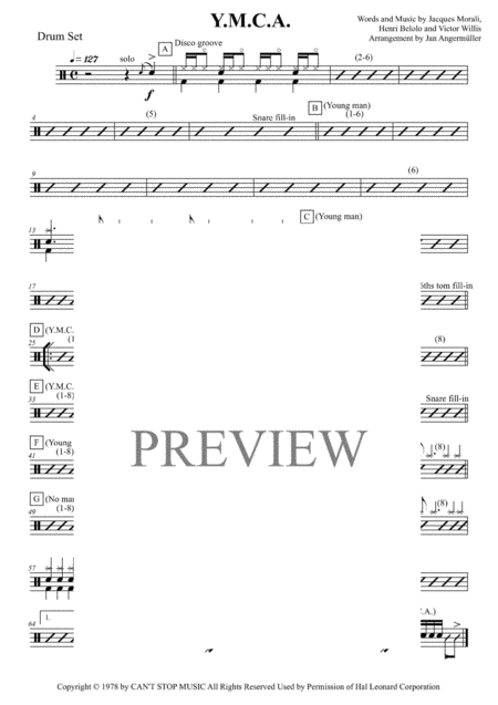 Y M C A Drum Set Transcription Of The Original Ymca Recording Sheet Music