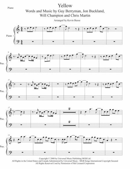 Free Sheet Music Yellow Easy Key Of C Piano