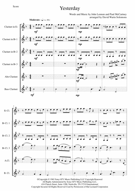 Free Sheet Music Yesterday For Clarinet Sextet Or Clarinet Choir