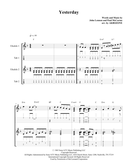 Yesterday For Ukulele Duet Sheet Music