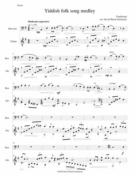 Yiddish Folk Song Medley For Bassoon And Guitar Sheet Music