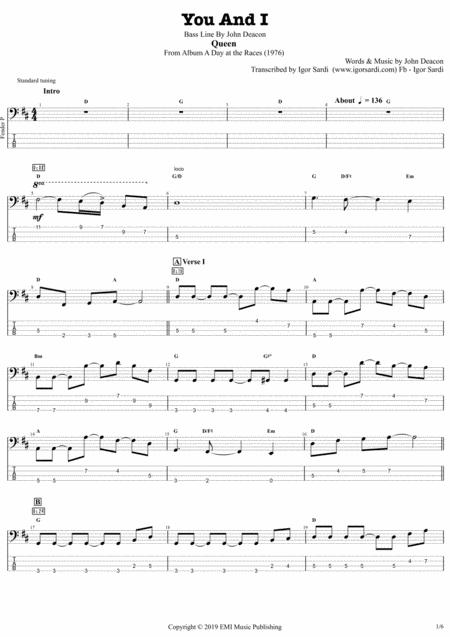 You And I Queen John Deacon Complete And Accurate Bass Transcription Whit Tab Sheet Music