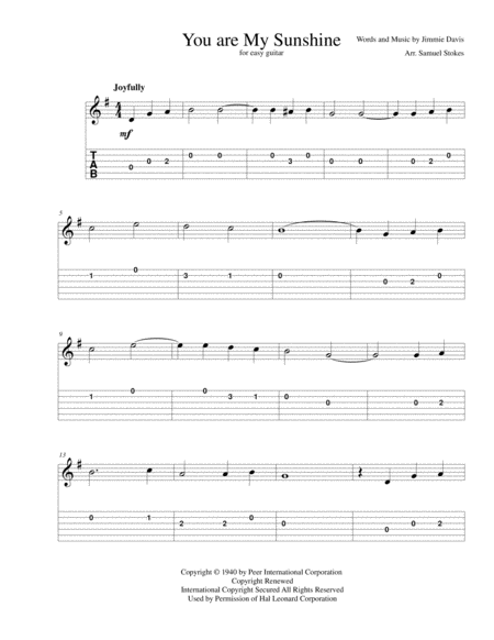 Free Sheet Music You Are My Sunshine For Easy Guitar With Tab