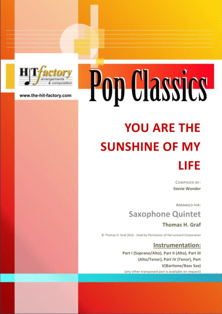 Free Sheet Music You Are The Sunshine Of My Life Stevie Wonder Classic Saxophone Quintet
