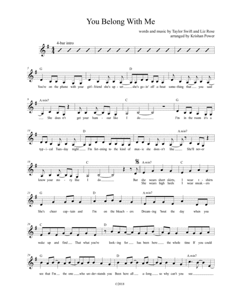 You Belong With Me Taylor Swift Lead Sheet Sheet Music