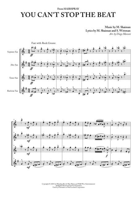 You Cant Stop The Beat From Hairspray For Saxophone Quartet Sheet Music