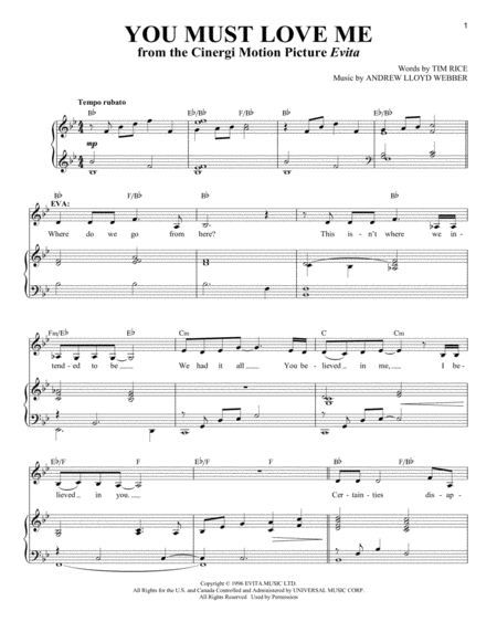 Free Sheet Music You Must Love Me From Evita