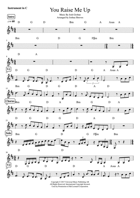 You Raise Me Up For C Instruments Sheet Music