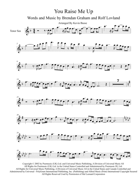 Free Sheet Music You Raise Me Up Original Key Tenor Sax