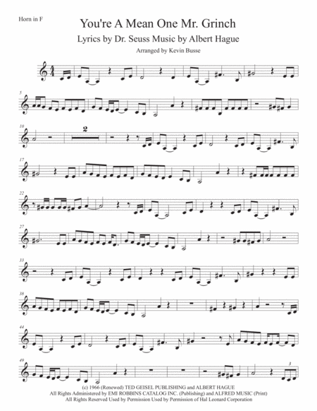 Free Sheet Music You Re A Mean One Mr Grinch Easy Key Of C Horn In F